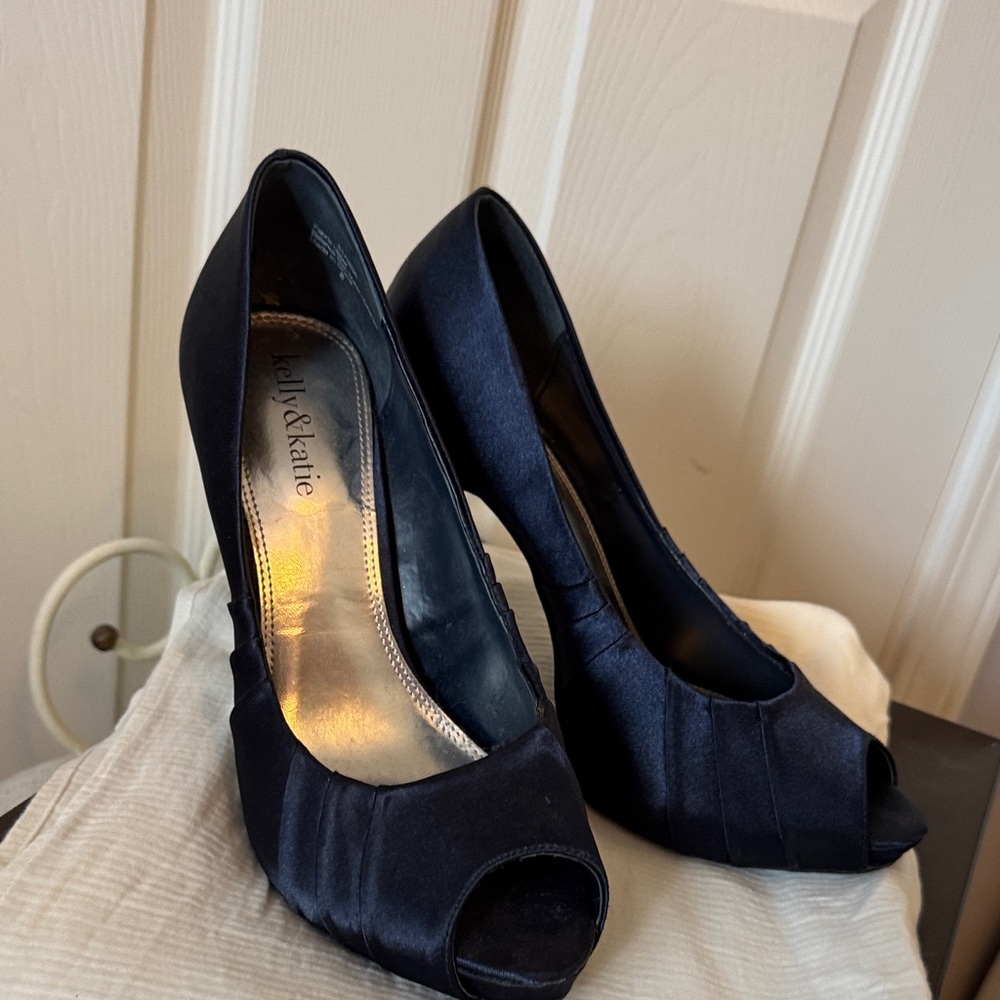 Kelly & Katie Navy Peep Toe Satin Heels